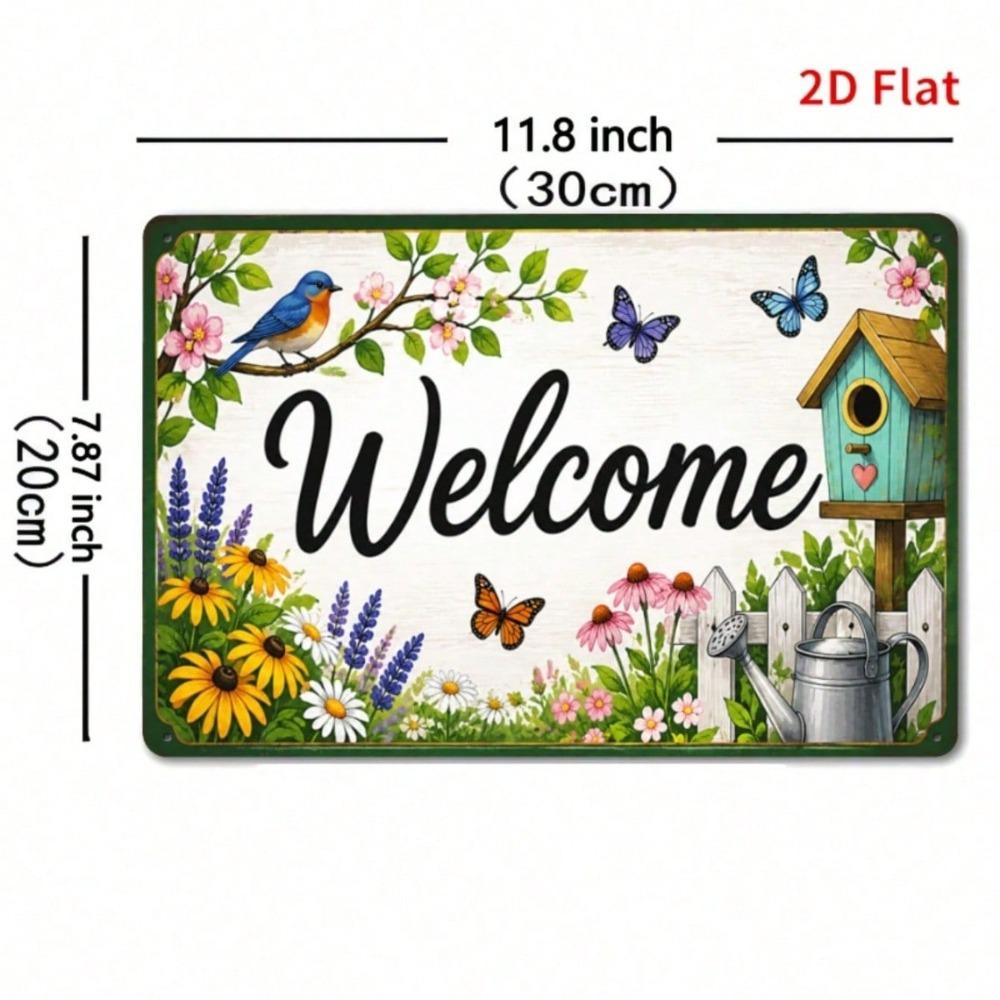 1pc Wildflower Blue Bird Butterfly Metal Tin Sign, Rustic Welcome Plaque for Front Door, Cottage Garden Decor Indoor/Outdoor