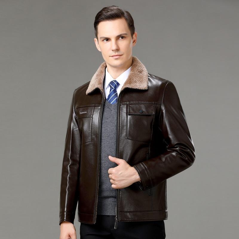 Winter Echtlederjacke für Herren mit Samt und Verdickung für mittelalte und ältere Väter, lässige Lammfell-Reverslederjacke
