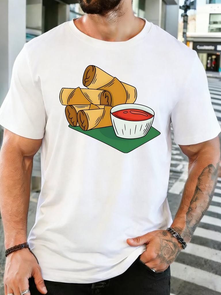 Unisex Cotton Tee Cartoon Spring Rolls Chili Dipping Sauce Graphic Short Sleeve Tshirt For Asian Food Fans Daily Casual Street Top
