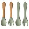 Color Kids 4PCS Silicone Baby Feeding Spoon Fork Set BPA Free Wood Handle Training Utensils For Infants Newborn Accessories
