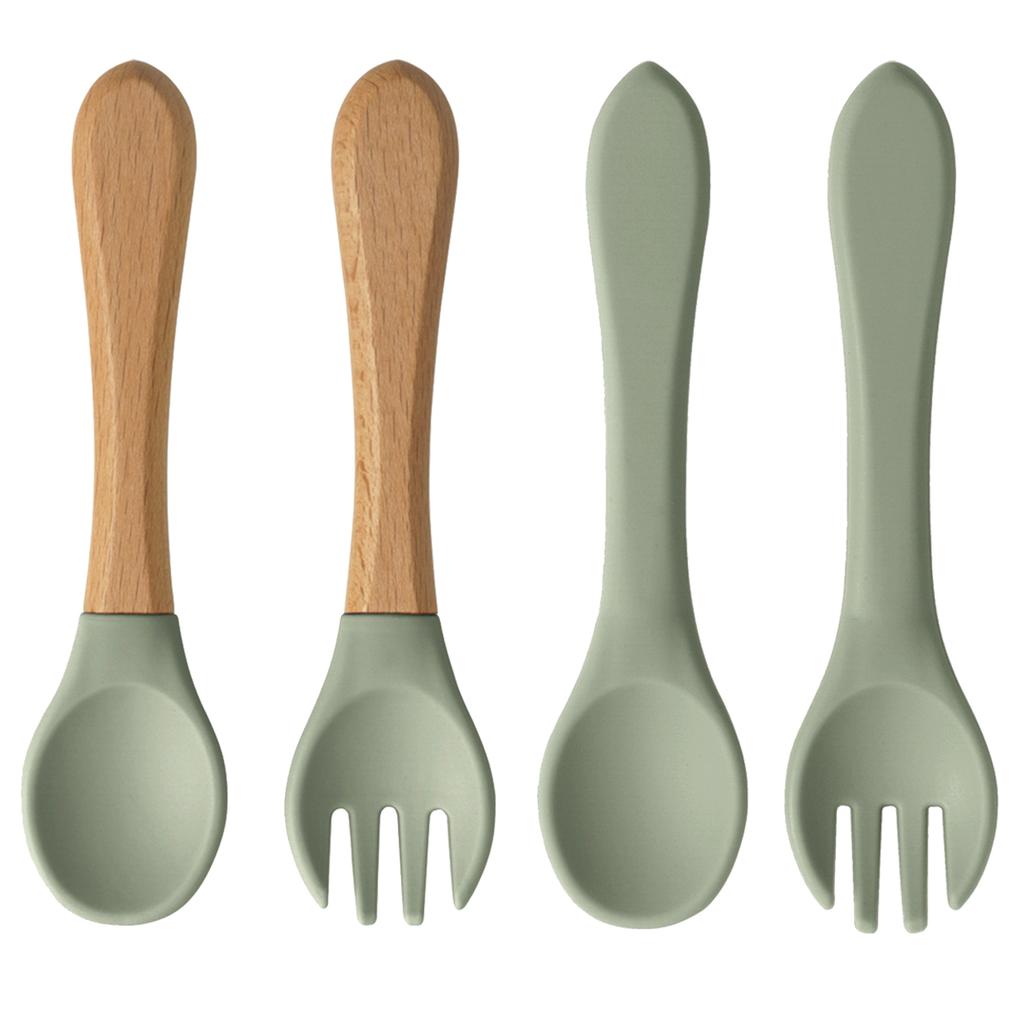 Color Kids 4PCS Silicone Baby Feeding Spoon Fork Set BPA Free Wood Handle Training Utensils For Infants Newborn Accessories