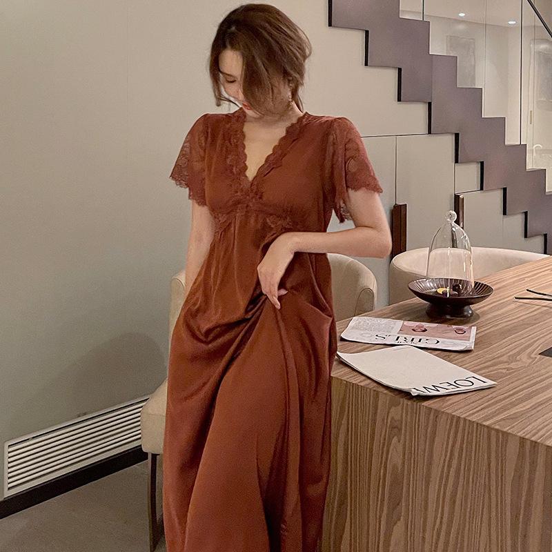 Fairy Lace Ice Silk Maxi Dress with Breast Pads - Sexy Long Sleeve Nightgown for Women, Home & Outdoor Wear