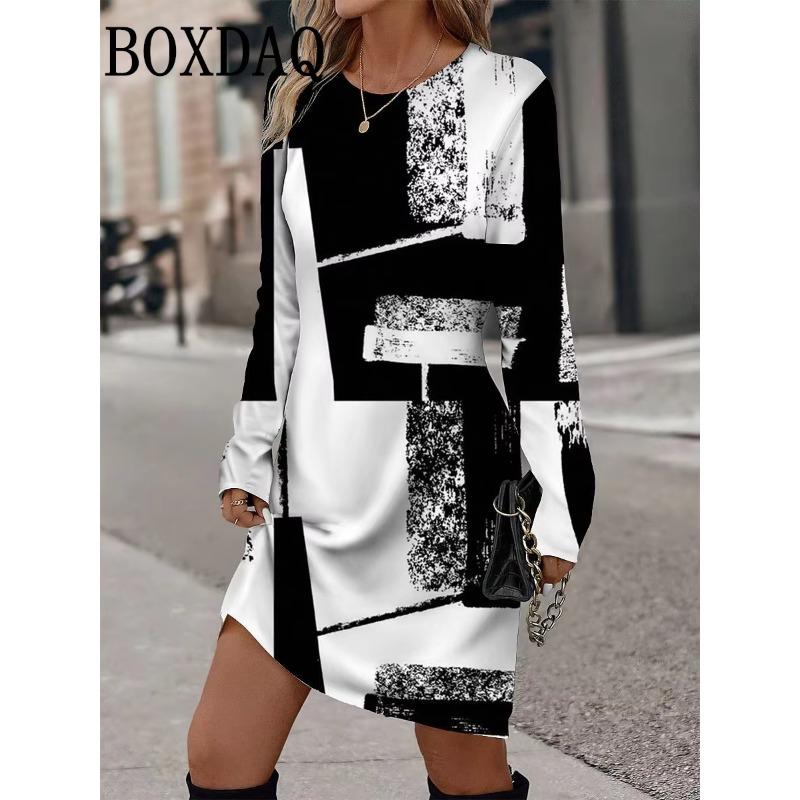Vintage Print Womens Dresses Casual O-Neck Autumn Dresses For Women Long Sleeve Y2k Female Dress Loose Clothing Vestidos