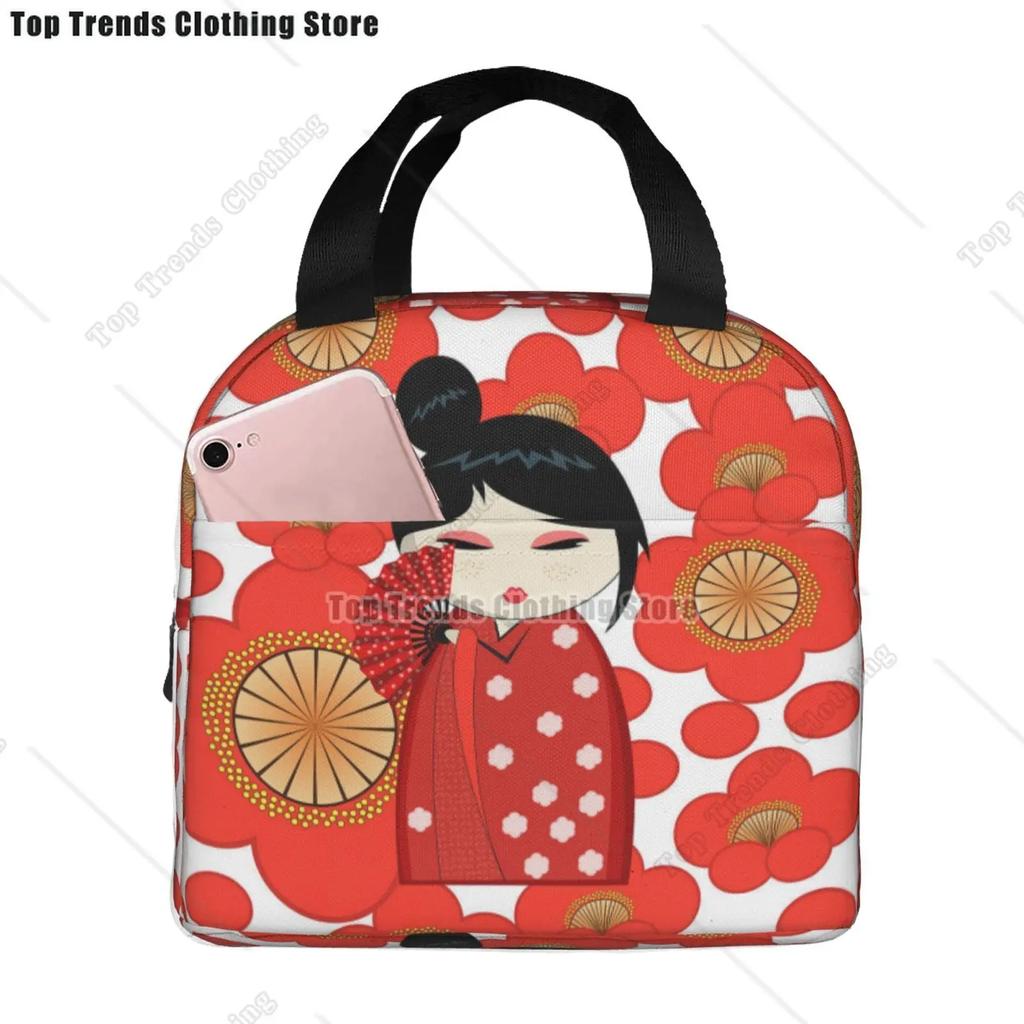 Japanese Keiko Kokeshi Doll Insulated Lunch Bag Cute Design Kimono Geisha Dolls Girls Cooler Thermal Bento Box Lunch Boxes