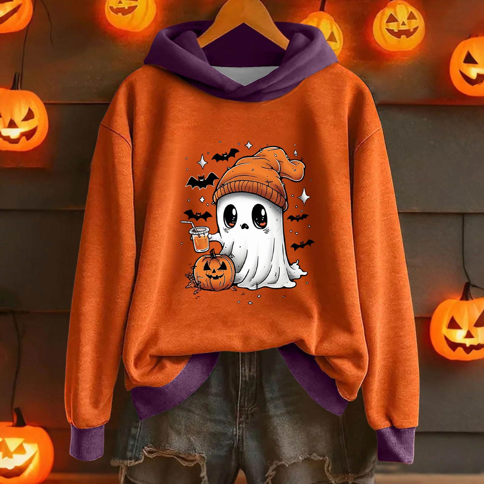 

Женская повседневная и модная толстовка с капюшоном с длинными рукавами и принтом на Хэллоуин, теплая рубашка, свободная и удобная толстовка L