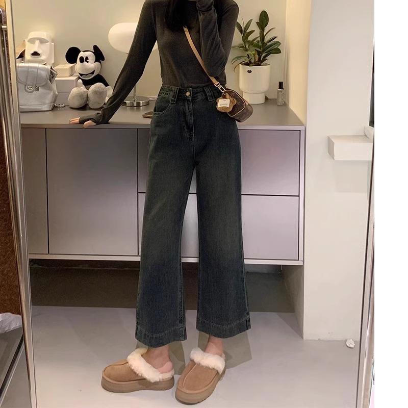 Women's Plus Size High Waist Retro Wide Leg Jeans - Petite Loose Fit, Nine-Point Length for Autumn