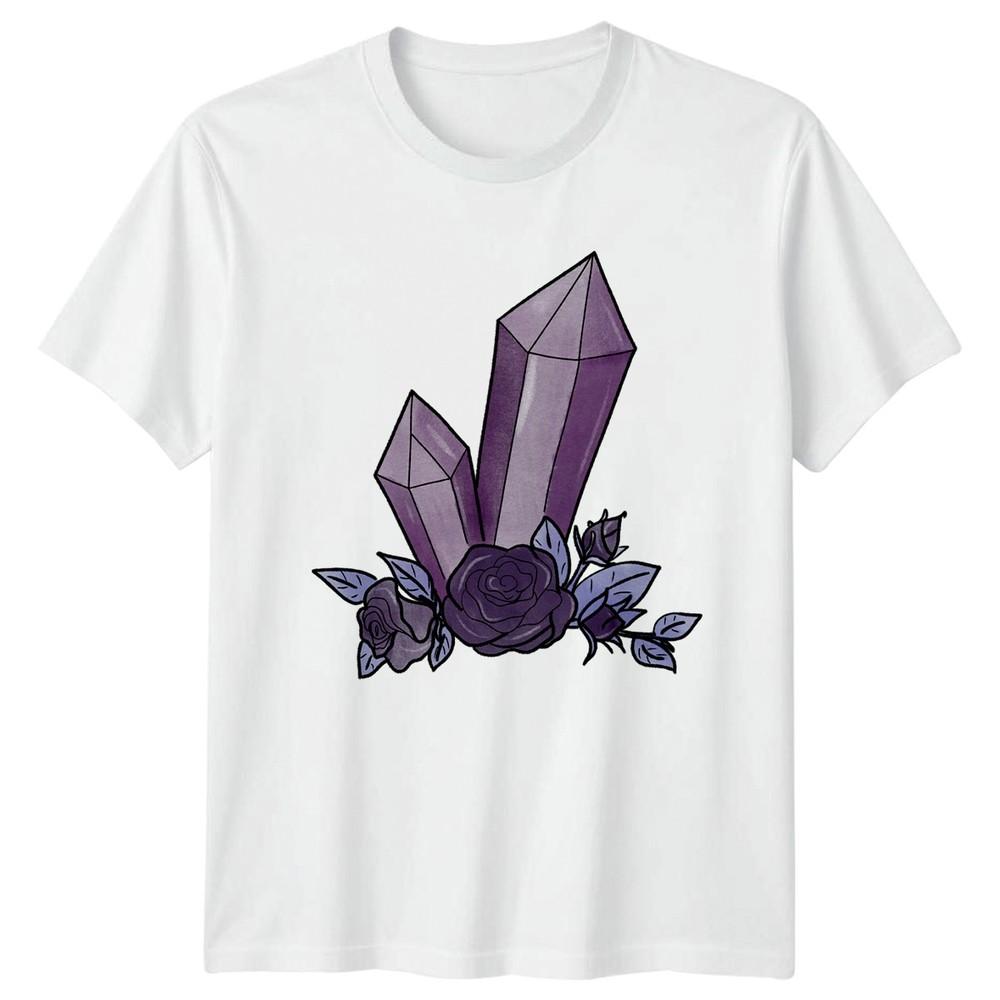 Magical Crystal Rose Floral Design TShirt Amethyst Witchy Botanical Birthday S