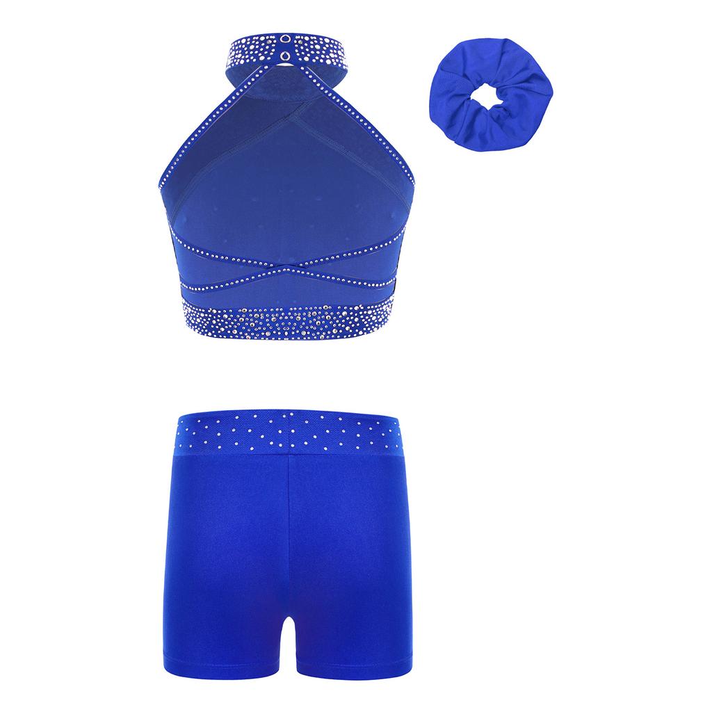 Mädchen Eiskunstlauf Kostüm Neckholder Ärmellos Rückenfrei Weste Strass Shorts Haarreif