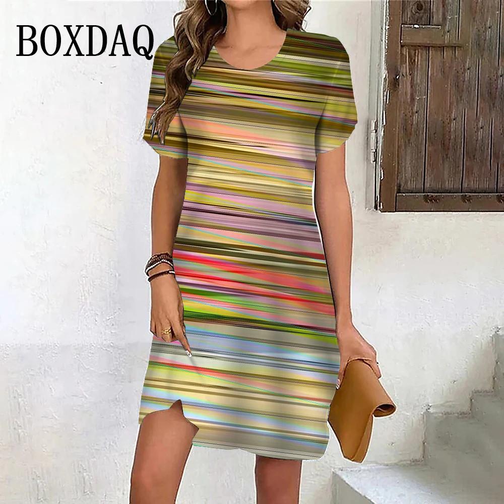 New Summer Fashion Gradient Rainbow Stripe Short Sleeve Dresses For Women Casual O-Neck Print Loose Party Clothes