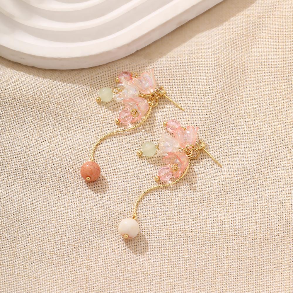 Sweet And Gentle Pink Long Color Lily Of The Valley Earrings, Fresh Girlish Temperament Fashionable Stud Earrings For Women