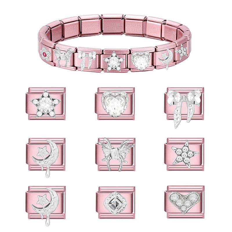 Romantic Y2K Heart Star Moon Flower Zircon Pink Color Italian Charm Links Fit 9MM Stainless Steel Bracelet DIY Making Gift