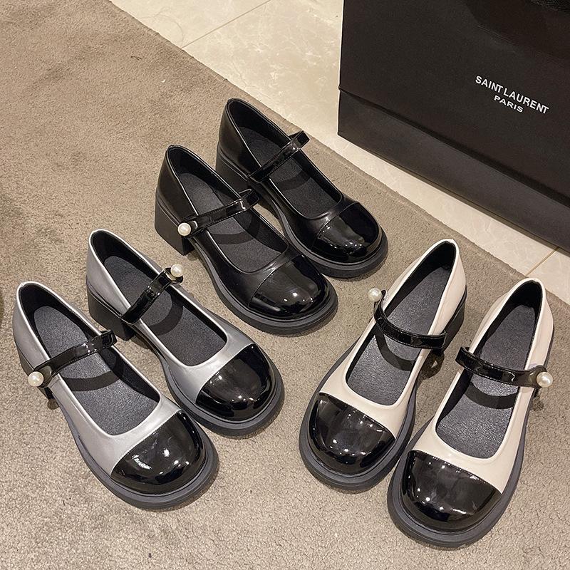 French Mary Jane small leather shoes women's 2025 spring new color matching fashion versatile British style thick heel high heel single shoes