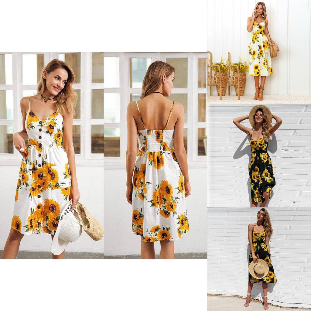 Elegante Vestito Estivo da Donna Senza Schiena con Dettaglio Bottoni e Scollo a V in Beige e Blu