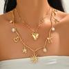 2PCS Layered Charm Necklace Gold Tone Sun Heart Star Bow Imitate Baroque Pearl Boho Western Summer Beach Vacation Jewelry