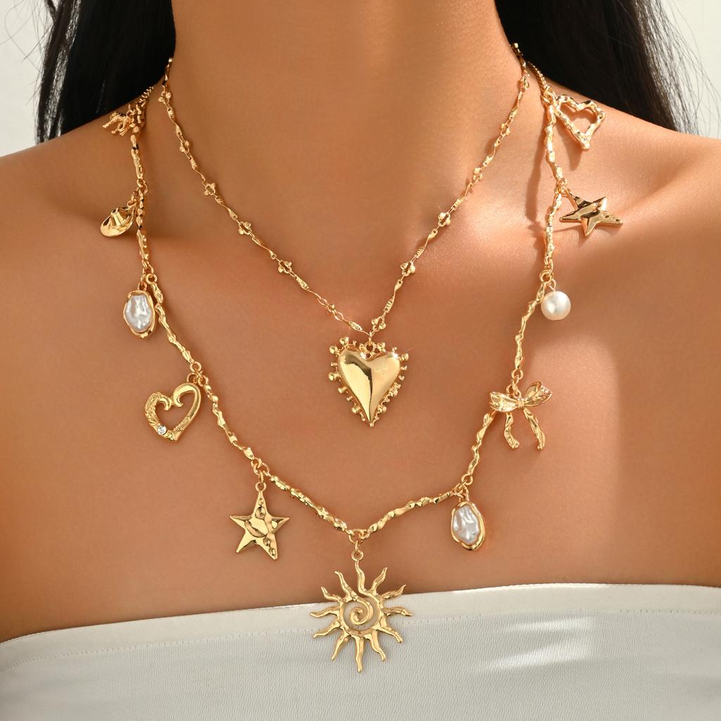2PCS Layered Charm Necklace Gold Tone Sun Heart Star Bow Imitate Baroque Pearl Boho Western Summer Beach Vacation Jewelry