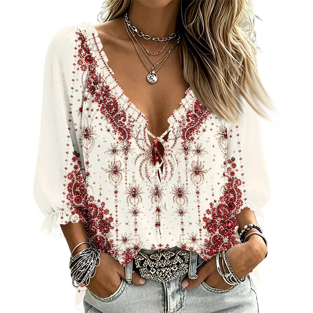 Women's Casual V-Neck Printed Blouse with Tie Front and Ruffle Trim, Three-Quarter Sleeve