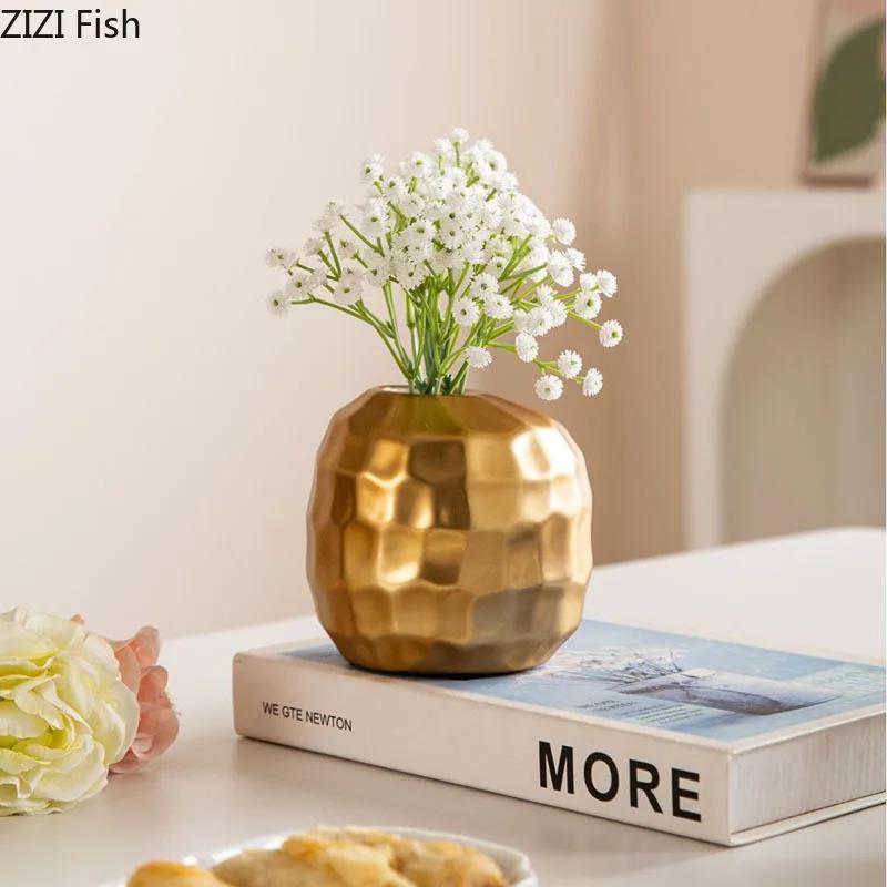 Honeycomb Texture Ceramic Vase Golden Round Plant Pots Table Decoration Flowers Arrangement Flower Vase Room Aesthetic Decor