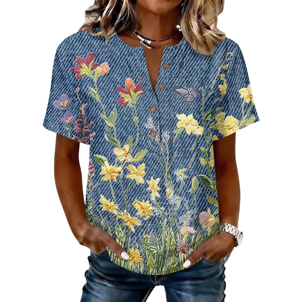 Women's Vintage Floral Print Henley Button Neck Short Sleeve Shirt Lightweight Cotton Linen Blend Casual Top for Everyday Wear