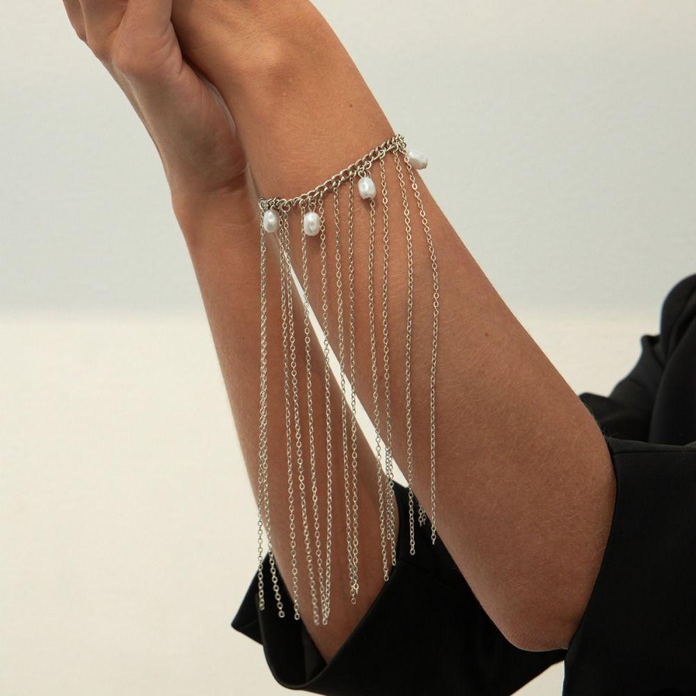 Silver Long Tassel Hand Chain Adjustable Link Chain Bracelets Imitation Pearl Bracelet Unisex