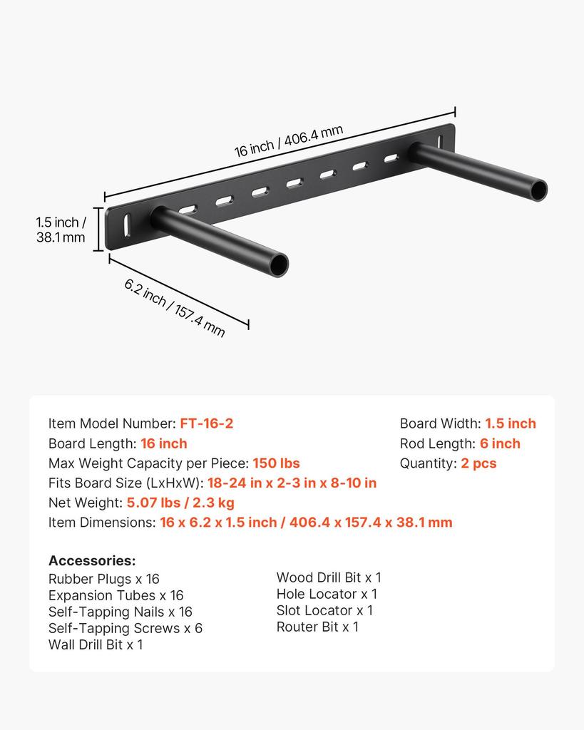 VEVOR Floating Shelf Brackets 2 Pcs, 150 Lbs/68 Kg Weight Capacity, 16x6.2x1.5 Inch / 406.4x157.4x38.1 Mm, Heavy Duty Hidden Shelf Brackets Support