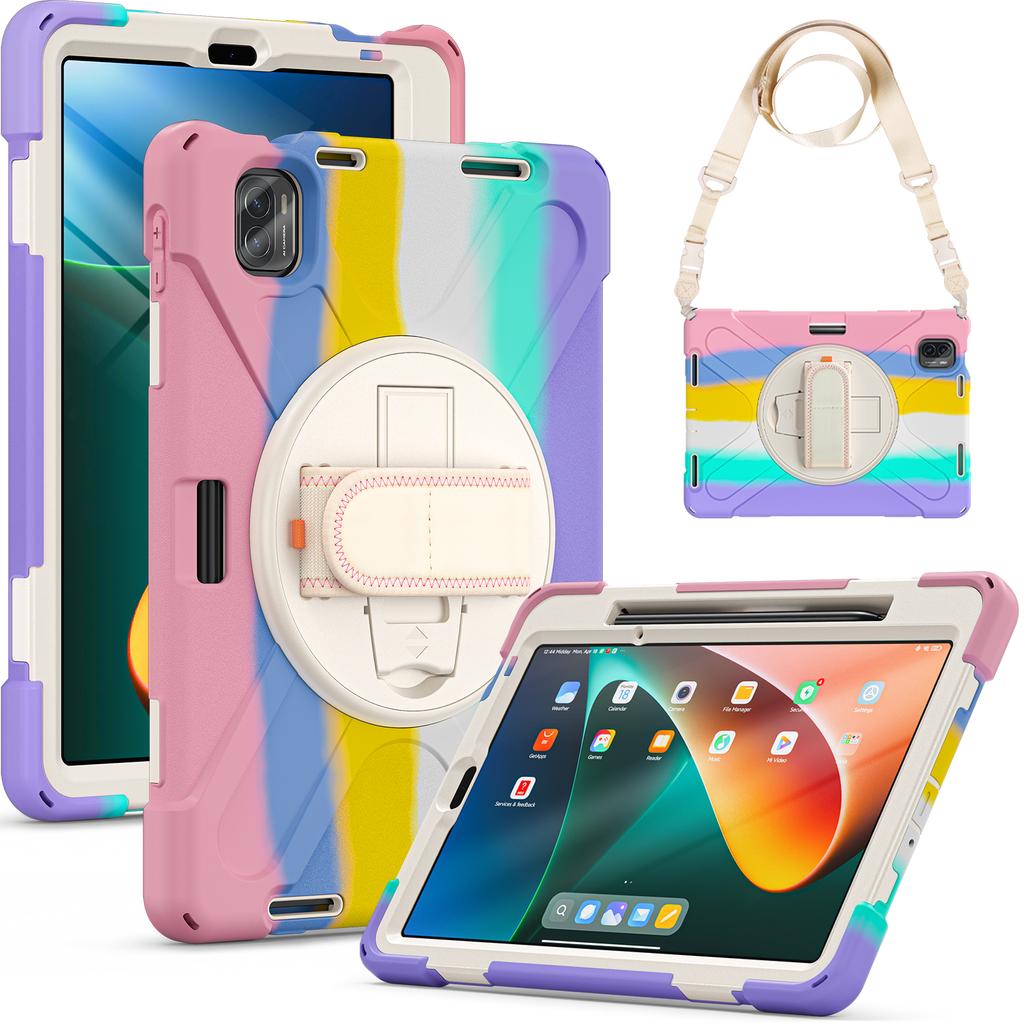 For Xiaomi Pad 5 Case Hand Strap Kickstand PC+Silicone Tablet Cover with Shoulder Strap