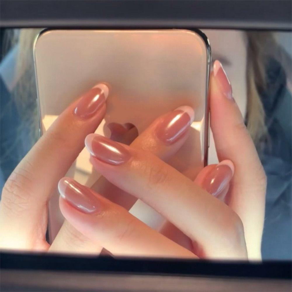 24pcs Manicure Long Almond False Nails Aurora Flower White Edge Press On Nails Detachable French Nail Tips DIY