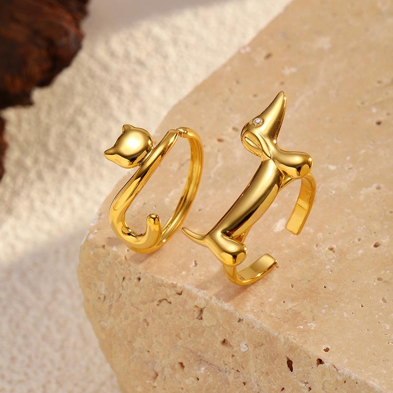 Stainless Steel Dachshund Dog and Cat Rings White Zirconia Inlaid Open Sausage Dog Rings for Women Adjustable Animal Jewelry