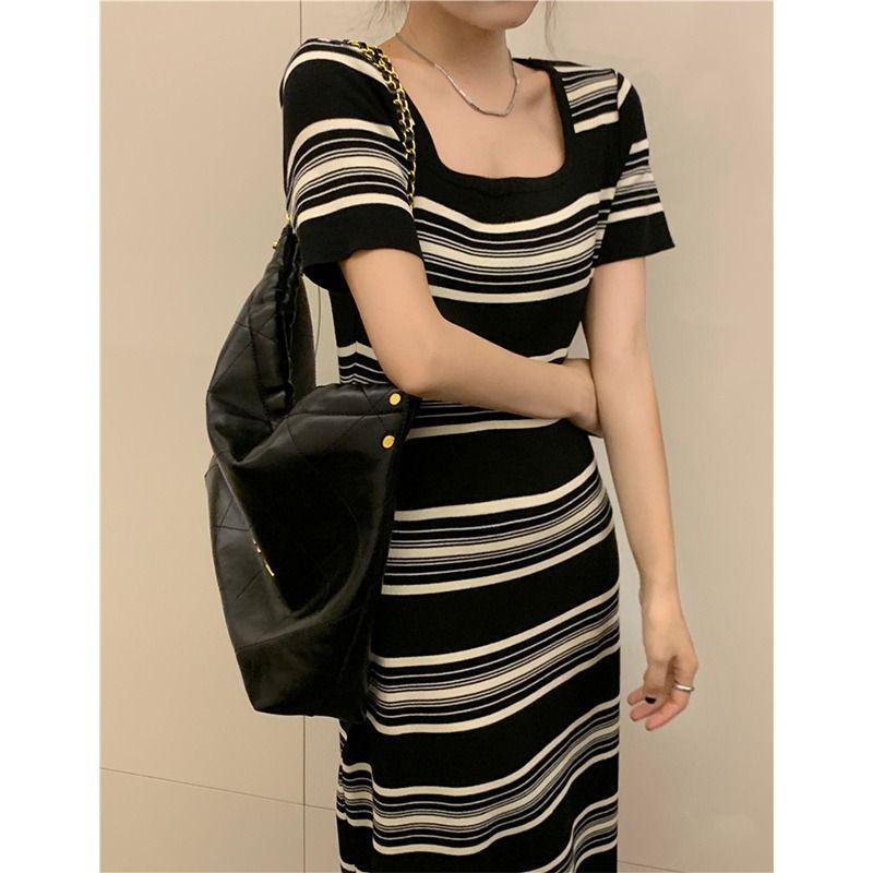 Women's Square Neck Retro Striped Knit Dress - Slim Fit, Midi Pencil Skirt, Cinched Waist, Figure-Flattering for Summer