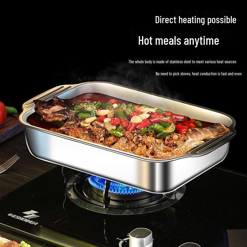 Stainless Steel Grilled Fish & Crayfish Pan | Rectangular Tray | Induction Compatible | Deep Dish BBQ Pan | Flat Bottom