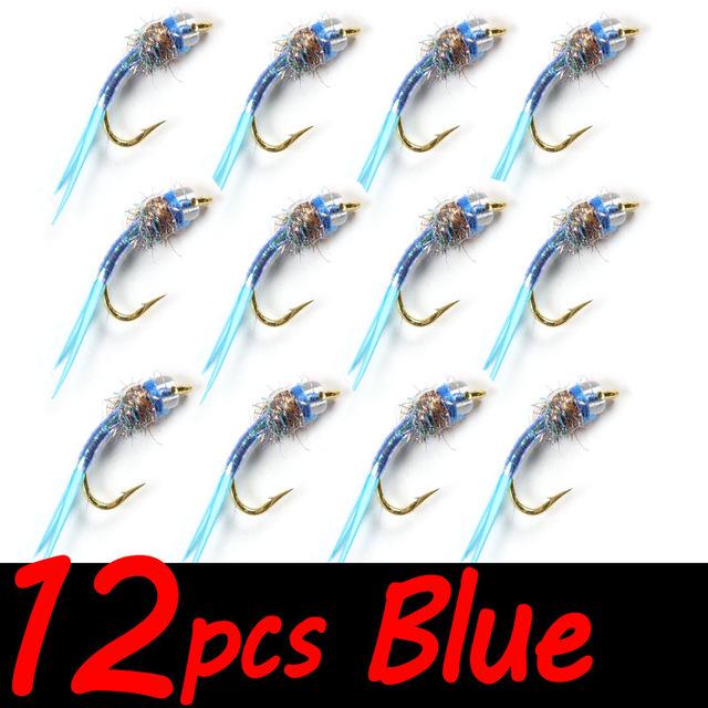 12 шт. #16 крючок нахлыстом, приманка для ловли форели, синие жабры, пресноводные рыболовные мухи, головка бусины, нимфа, муха, приманка для веснянки, аксессуары