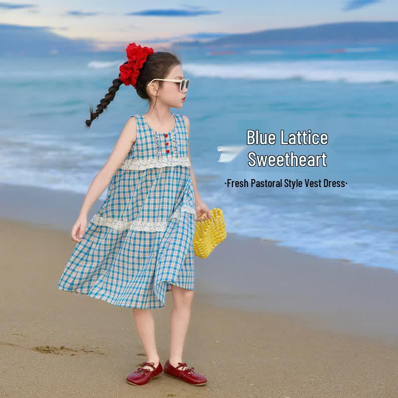 Girls Plaid Ruffle Sleeveless A-Line Dress 140 белый/синий