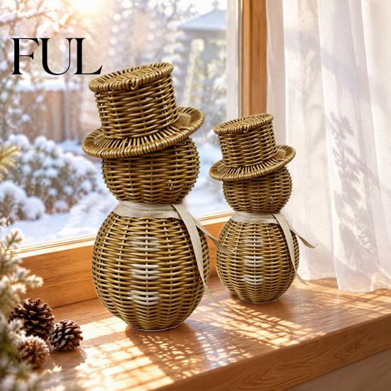 Winter Party Table Decorations Faux Rattan Snowman Figurine, Christmas Rustic Farmhouse Statue with Bow, Indoor Shelf Hand-Woven Wicker Decoration for
