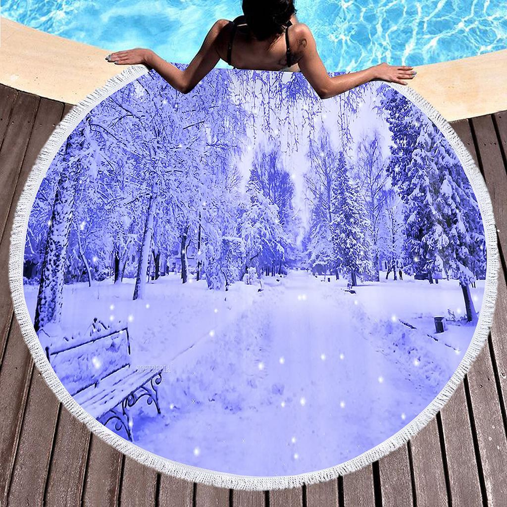 Winter Snow Landscape Round Beach Towel, Microfiber Soft Shawl Beach Blanket, Absorbent Quick Dry Portable Pool Towel Picnic Mat