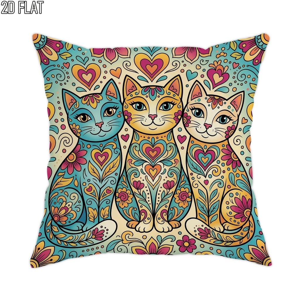 2D Flat 1pc Valentine's Day Colorful Floral Cat Throw Pillow Covers Peach Blue with Orange Decorati
