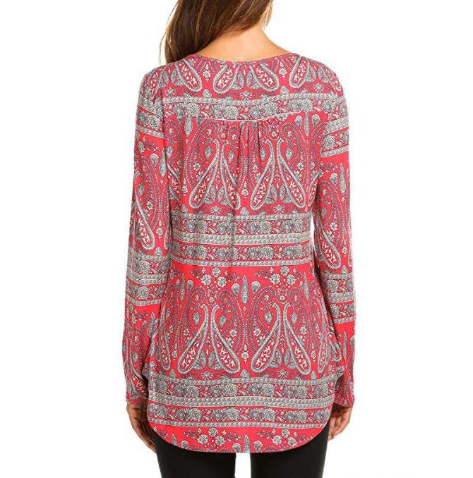 Vintage Print Long Sleeve for Women V-neck Button Down High Waist Irregular Long Sleeve Shirt Breathable Lightweight Soft Comfortable Work Top