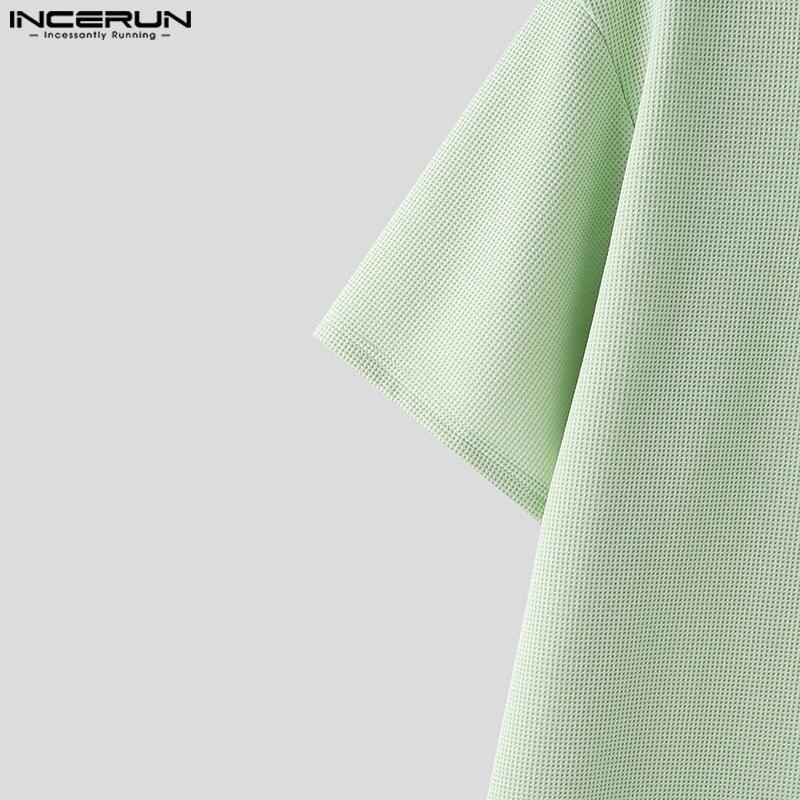 INCERUN Summer Men Short Sleeve Casual Loose Texture Henley T-shirts Tops