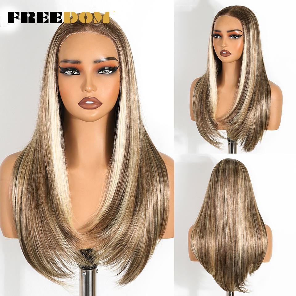 FREEDOM Straight Synthetic Lace Front Wigs For Women 9x6 Pre Plucked Layerd Wig 24" Ombre Brown Wear And Go Glueless Lace Wigs