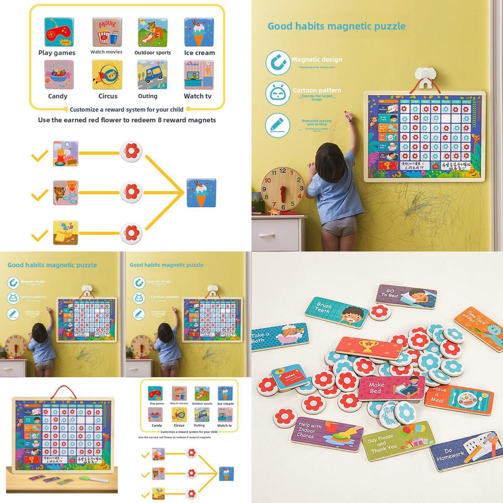 Wooden Childrens Habit Tracking Chart With Reward Stickers For Behavior Growth