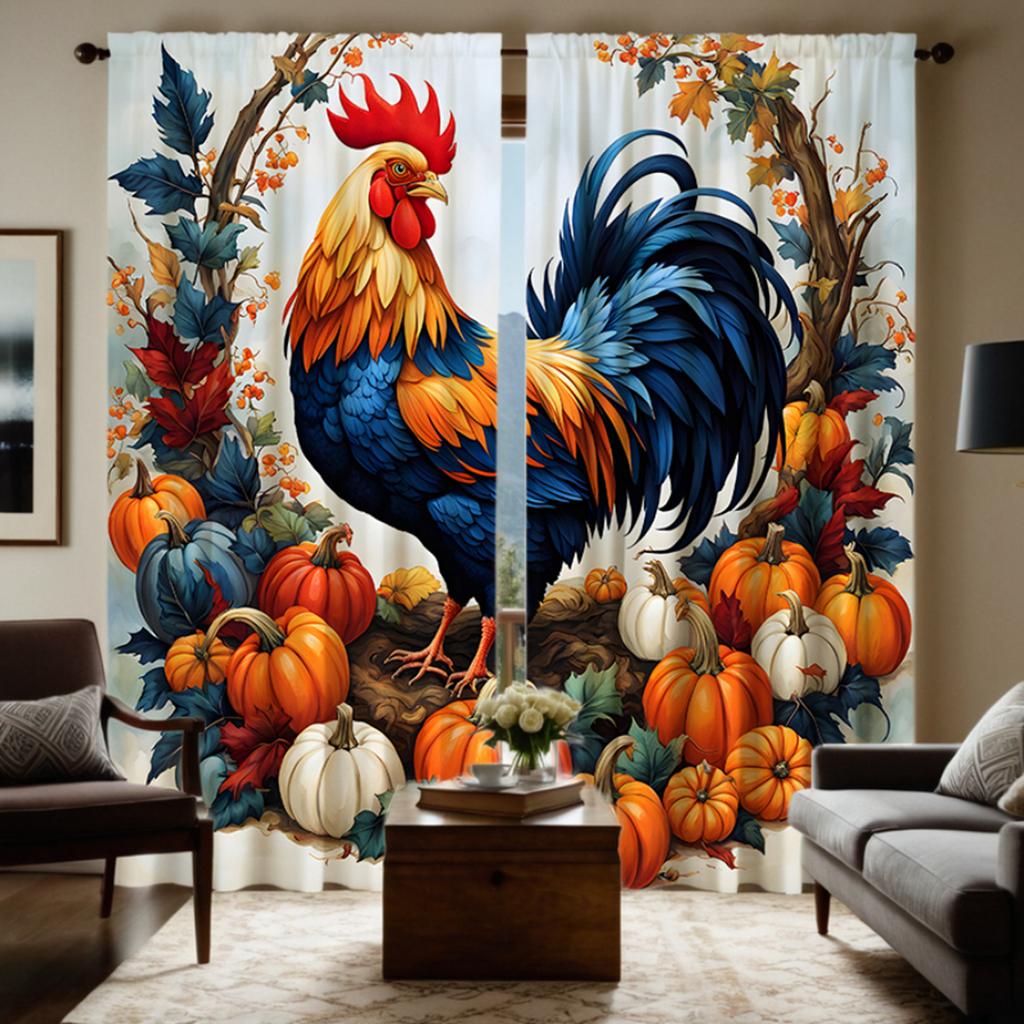 2 Stück HD Farbe Kürbis Hahn Erntedank Dekoration Vorhang Gelbe Bindung Digital bedruckter Vorhang Heimdekorationsstil decora