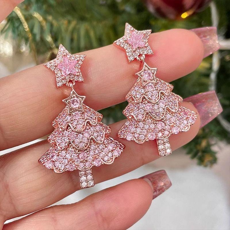 Pink Sparkling Zircon Christmas Tree Earrings For Women Full Rhinestone Xmas Tree Dangle Earring Girls Holiday Versatile Jewelry