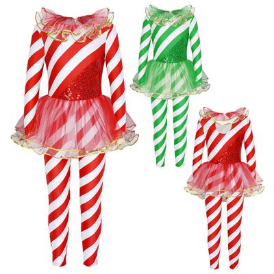 Girls Christmas Dance Jumpsuit Striped Leotard with Sequins Mesh Patchwork Round Neck Long Sleeve