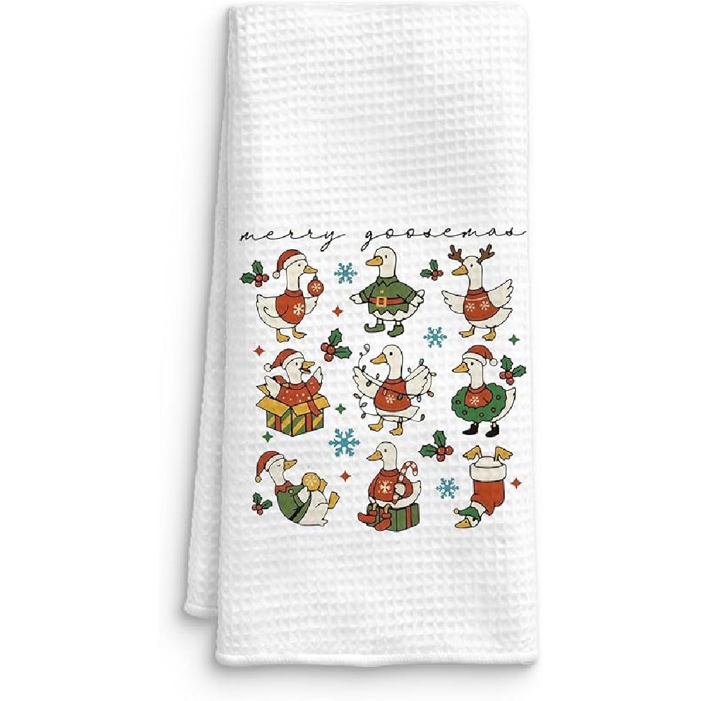 Merry Christmas Goose Kitchen Towels, Goose Gifts Dish Tea Towels for Kitchen Decor, Holiday Winter Holly Berry Christmas Geese Decorative Hand Towel Style08