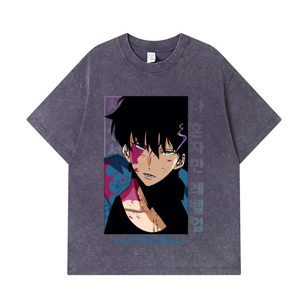 275 GSM Gewassen T-shirts 100% Katoen Solo Leveling V8 Print Unisex Zwaar Katoen T-shirt