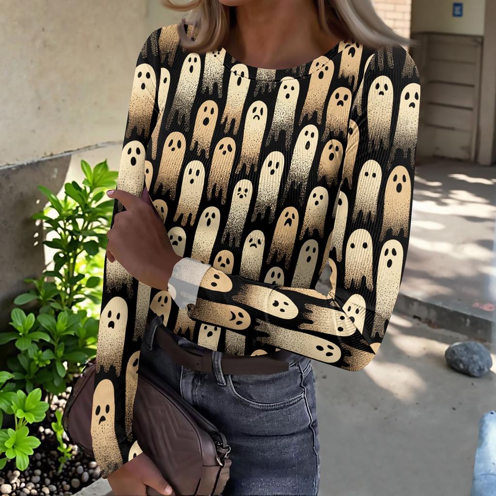 Women's Casual Long Sleeve Ribbed Top Halloween Print Round Neck Stretchy Slim Fit Pullover Shirt for Fall and Winter