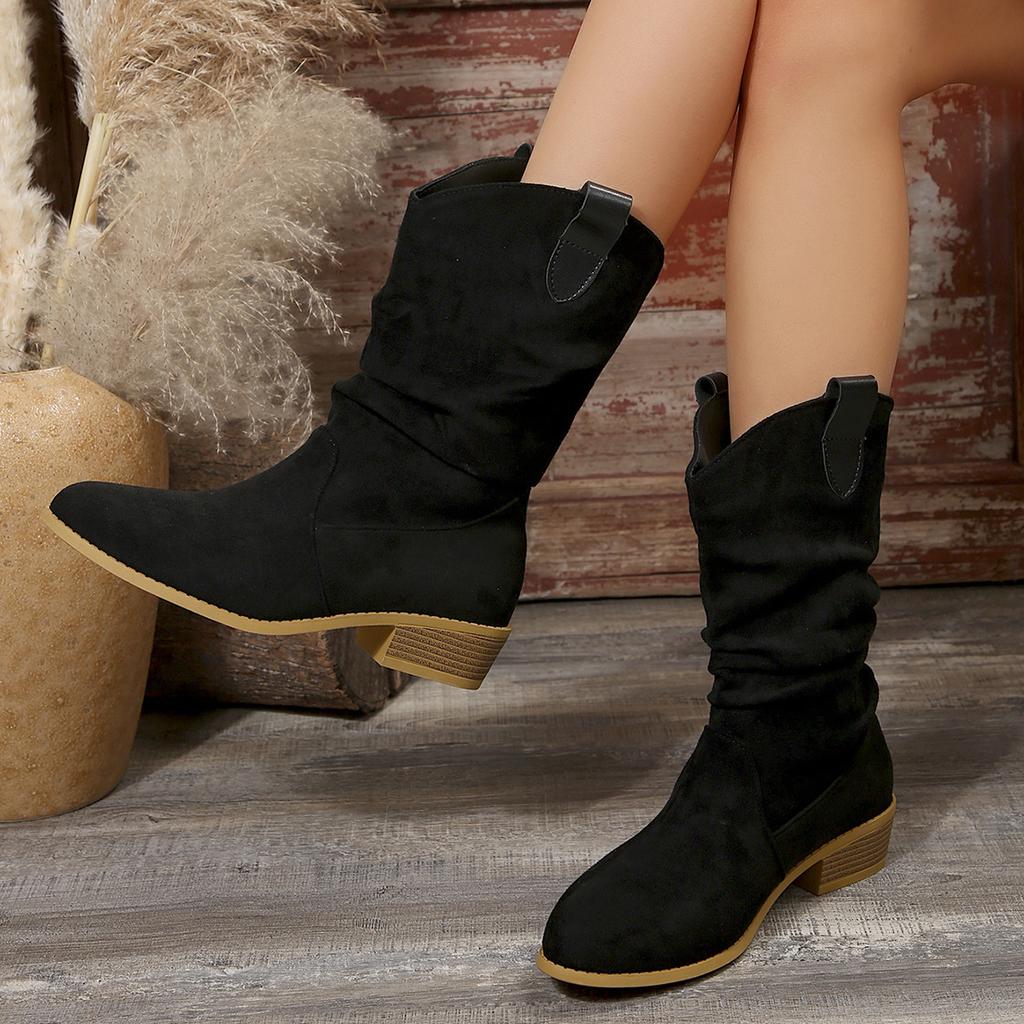 New large size autumn medium tube thick heel Martin boots solid color low heel pointed tip