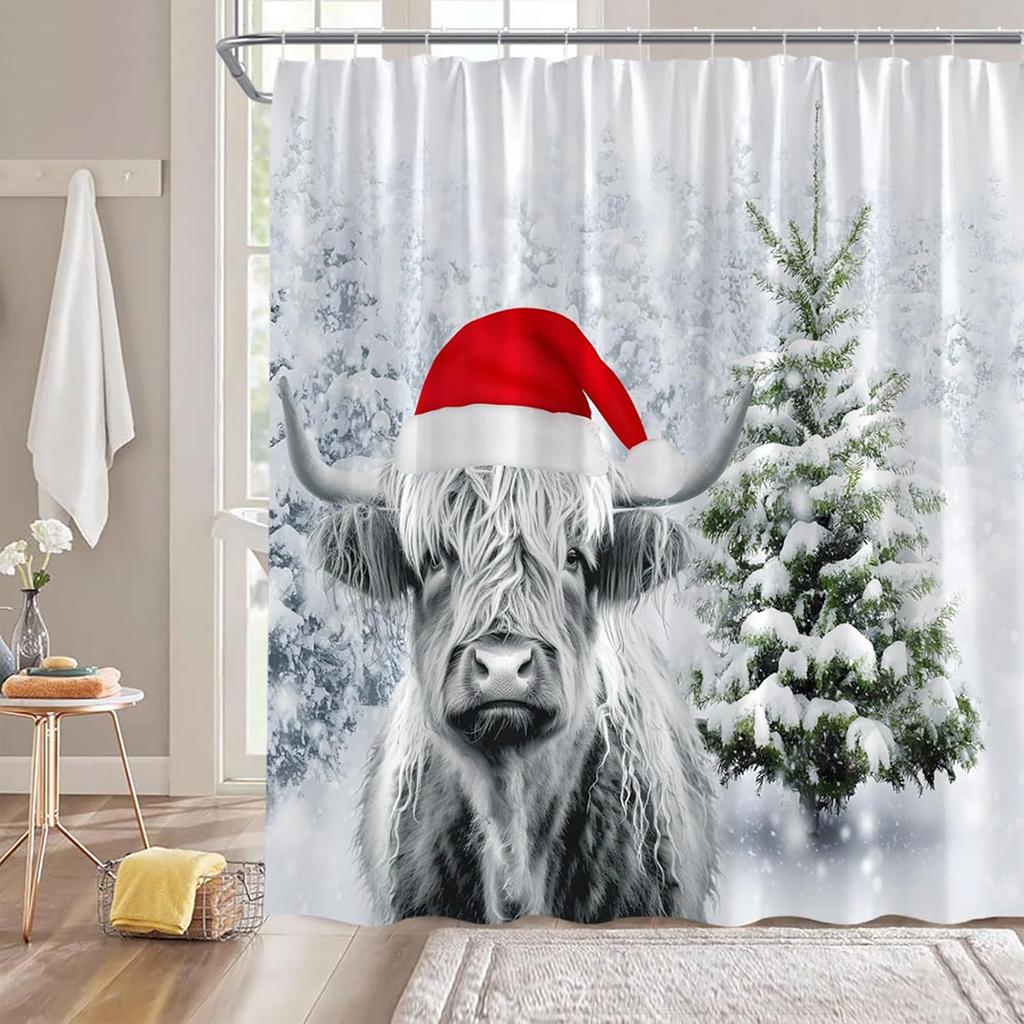 Christmas Shower Curtain Winter Highland Cow Xmas Tree Forest Holiday Rustic Farmhouse Bathroom Decor Curtain with Hooks,Gray Red Green