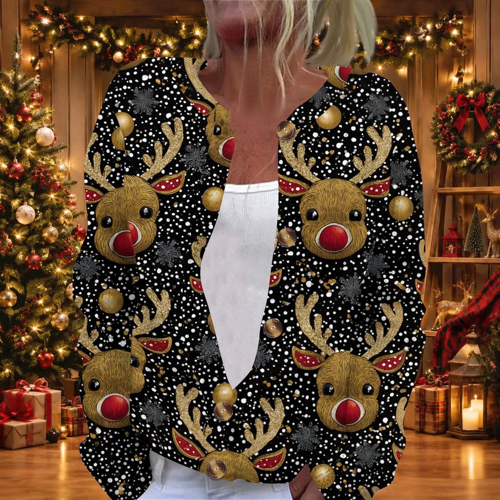 Women's Christmas Print Long Sleeve Knit Cardigan Sweater Button Front for Fall Winter