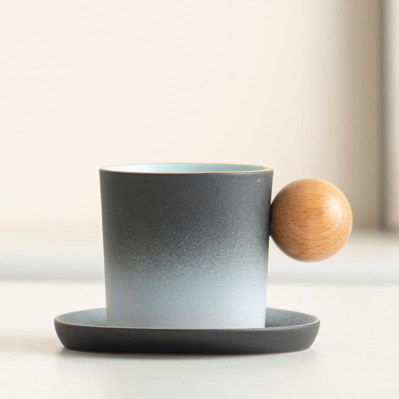 Gradual change ceramic coffee cup and saucer set creative wooden handle coarse pottery high value afternoon teacup retro latte cup