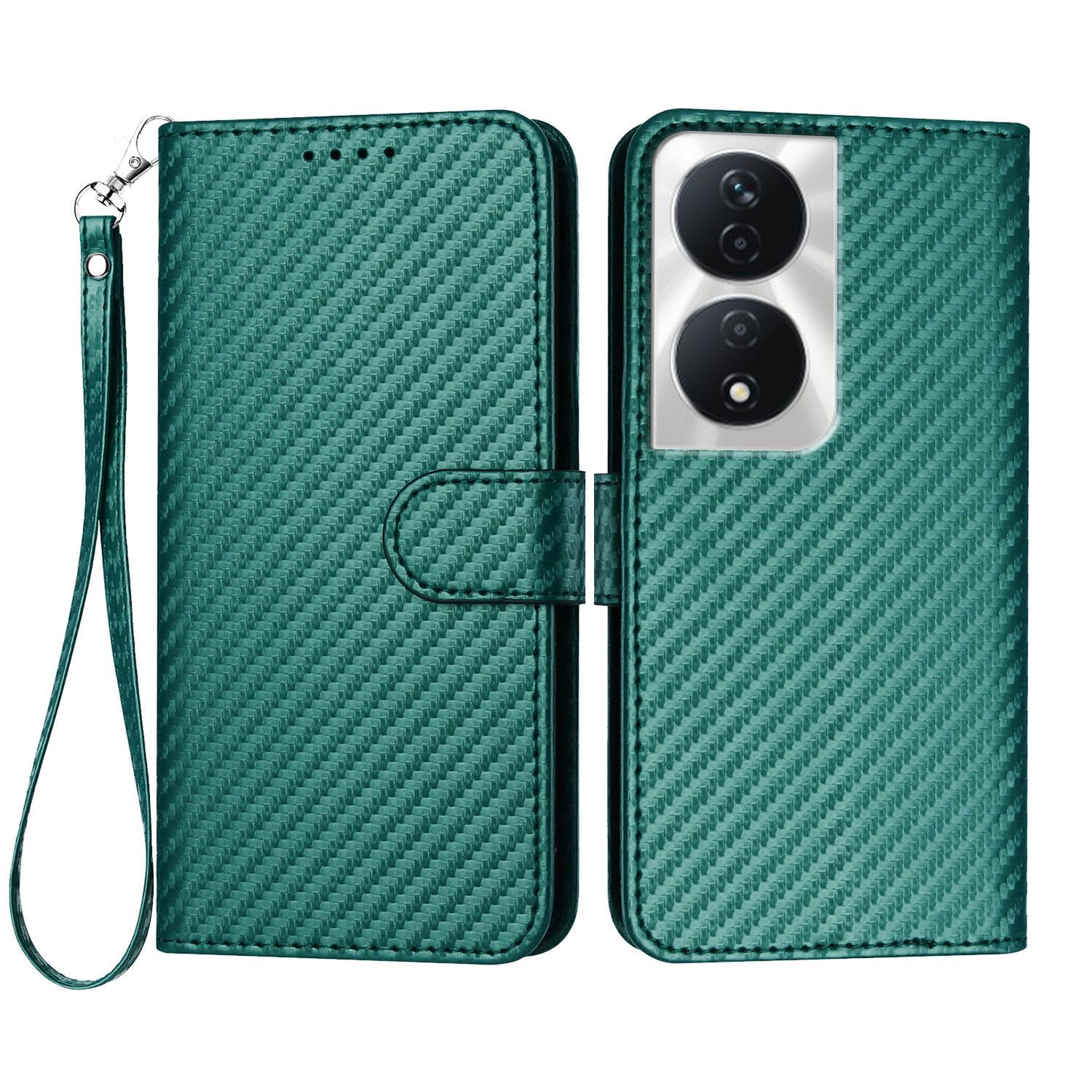 

For Honor X7b 5G/Honor 90 Smart/Honor Play 50 Plus 5G/Honor Play 8T 5G/Honor X7b 4G Wallet Case with Strap Carbon Fiber Texture Leather Mobile Cover Blackish Green