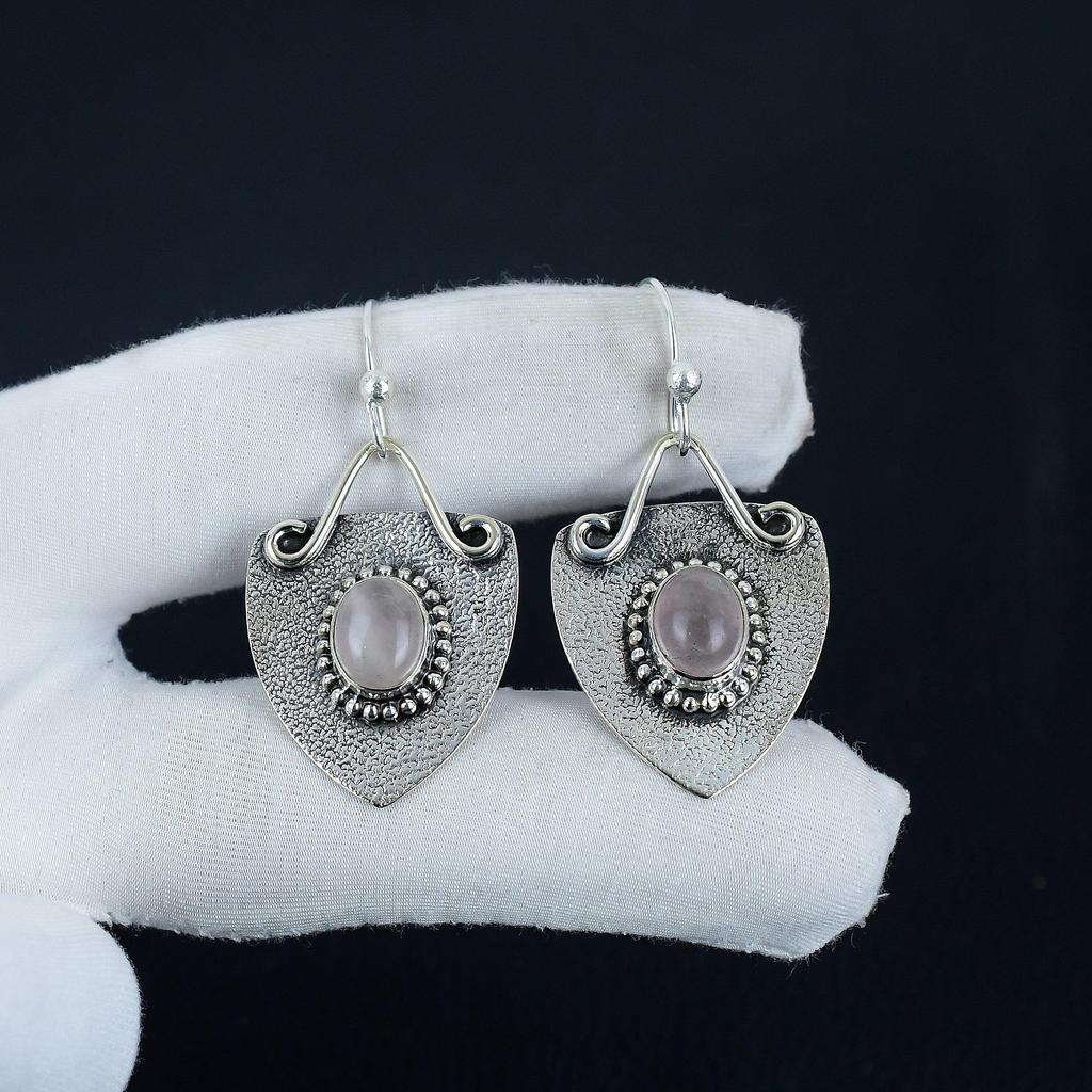 Natural Rose Quartz Gemstone Earrings, 925 Sterling Silver Earring, Handmade Boho Silver Jewelry Dangle Earrings, Easter Gift